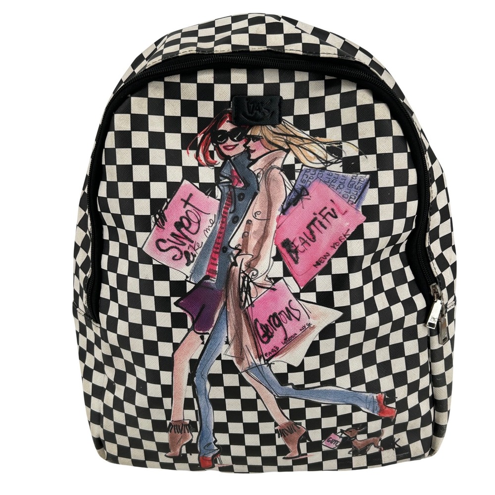 Izak‎ New York Checkerboard Fashion Illustration Graphic Backpack Black White